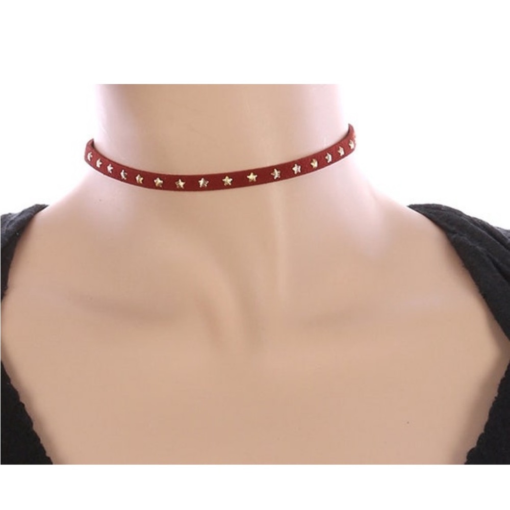 🌴3/$10 - Star Metallic Stud Suede Choker Necklace - Burgundy